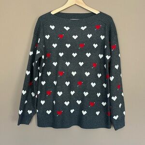 {LOFT} Heart Sweater with Boat Neckline in Heathered Grey - Womens Medium - NWT